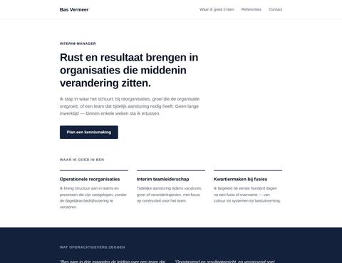 Schermafbeelding van de live demo-website voor Bas Vermeer, interim-manager